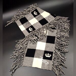 Juicy Couture Knit Fringe Long Scarf Crown Checkerboard Winter Fall Outdoor